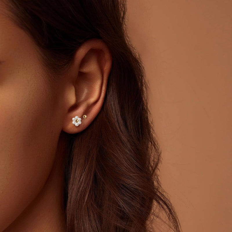 IMBOS Pearl Earrings 14k Gold Plated Daisy Flower Stud Earrings for Women Ball Stud Flat Back Earring Hypoallergenic Statement Earring Trendy Jewelry Gift for Women - Image 3